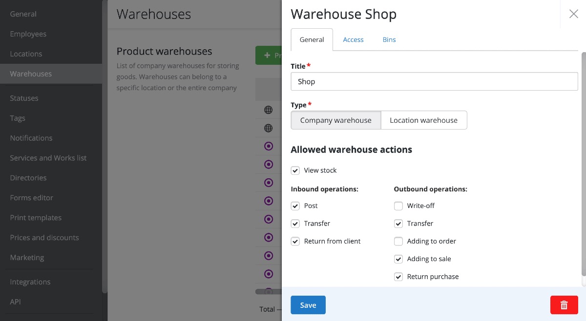 Allowed Actions In Warehouses