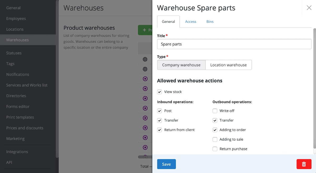 sales in the settings of the spare parts warehouse