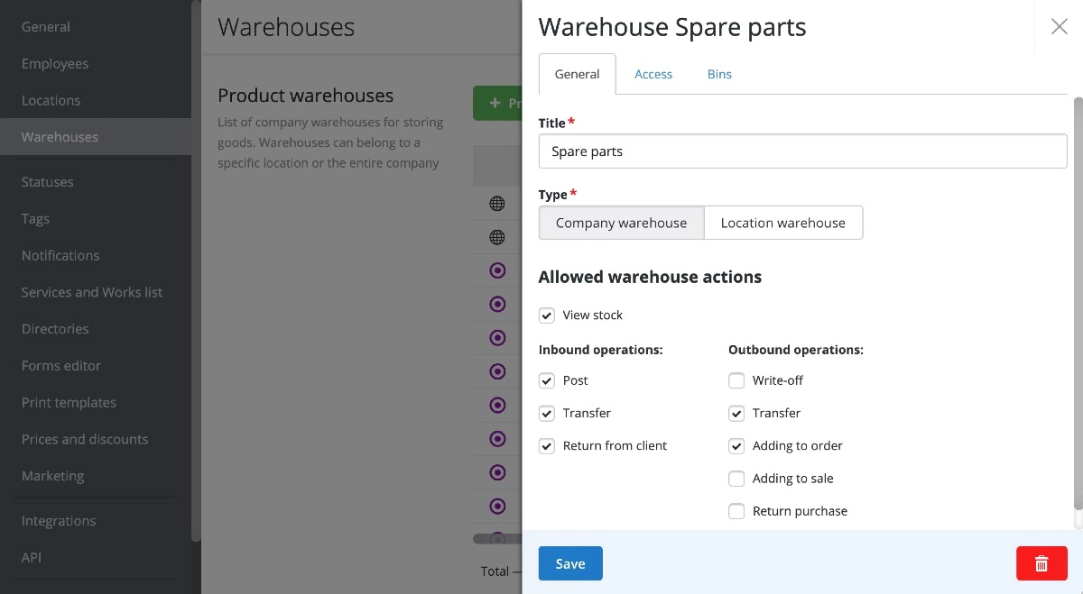 sales in the settings of the spare parts warehouse