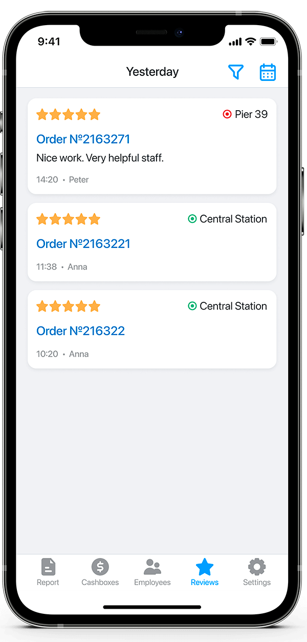 Filters and Customer Reviews in the Orderry Boss App for iOS