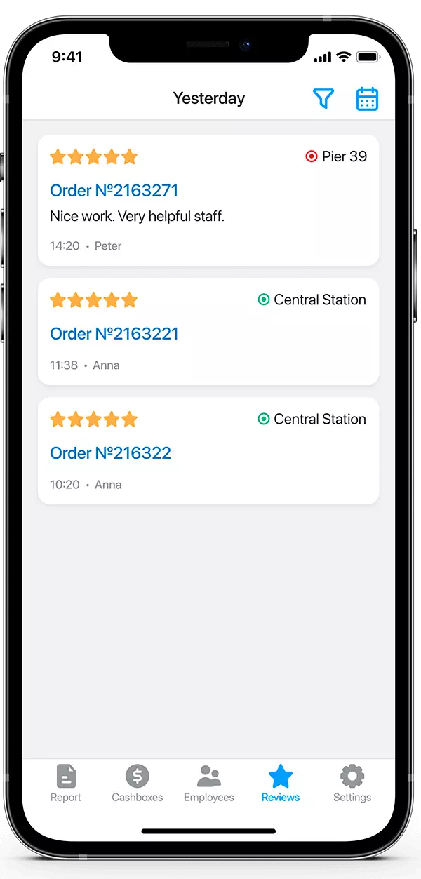 Filters and Customer Reviews in the Orderry Boss App for iOS