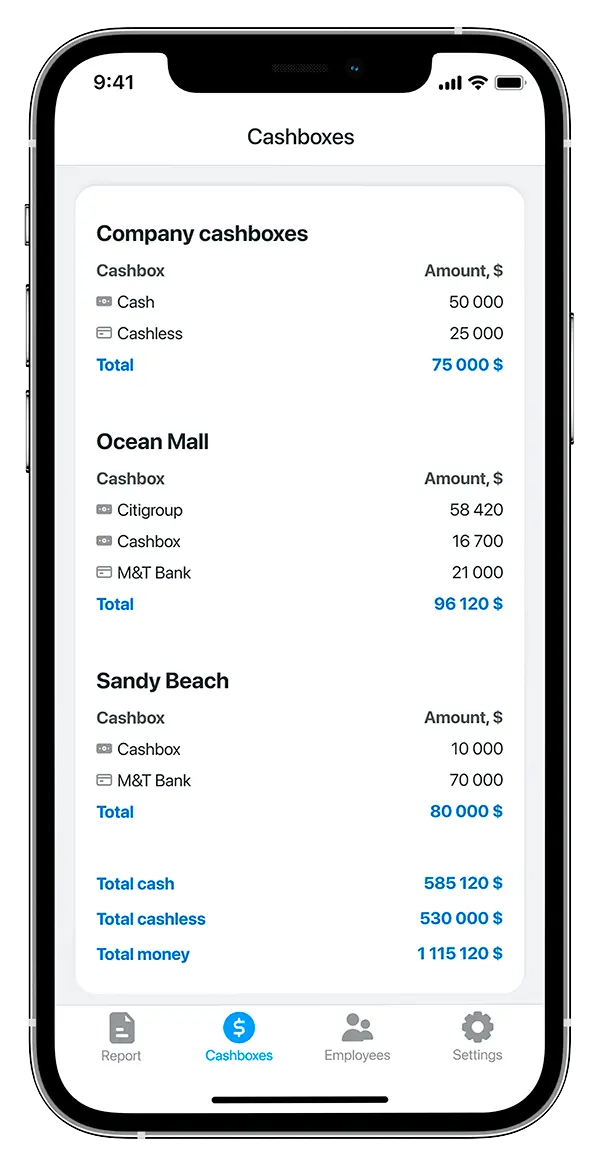 check the amount of every cashbox at any time