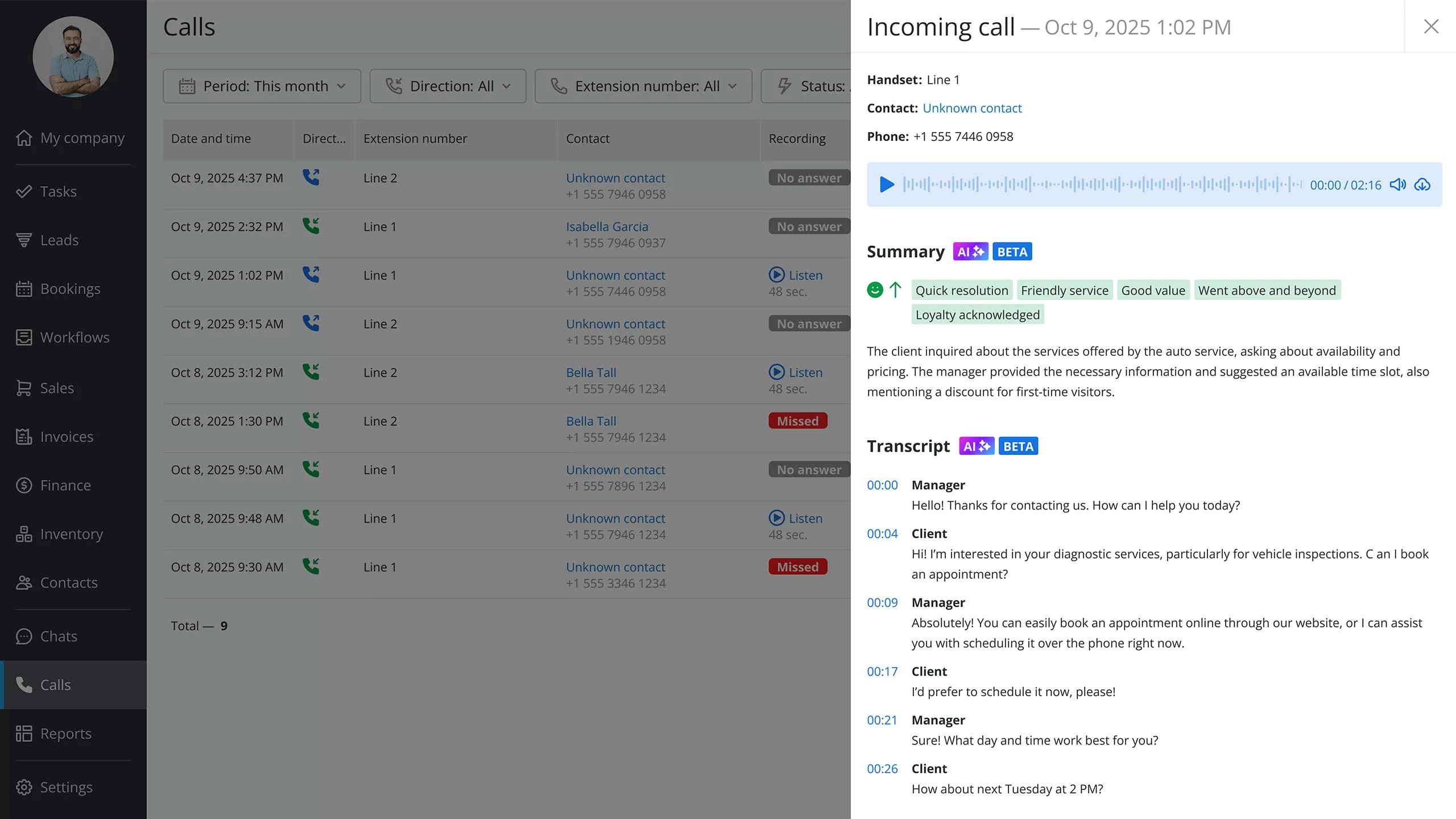 AI call summary and sentiment tag in Orderry customer communication software