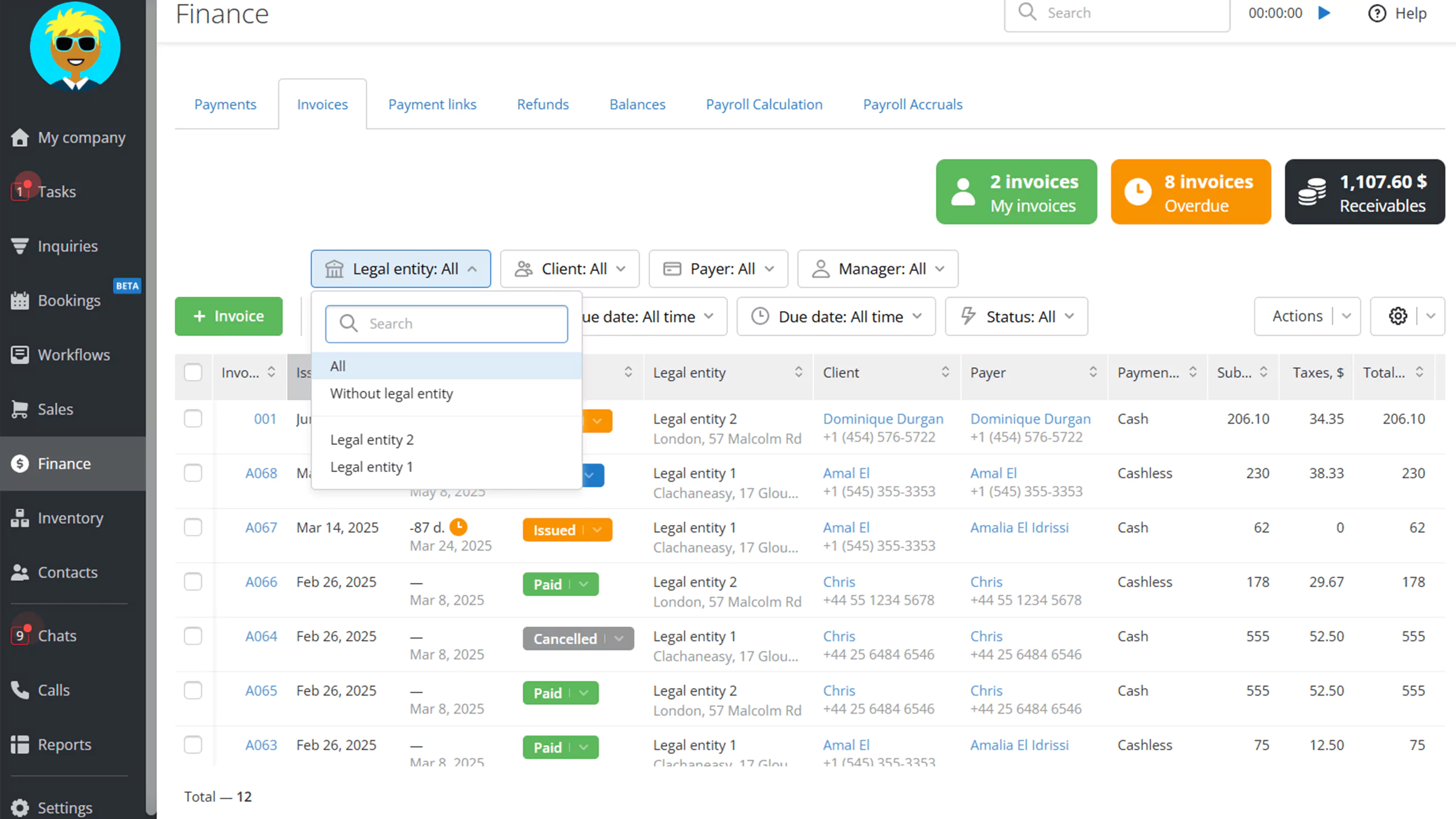 Invoice tracking and filtering by legal entity in Orderry