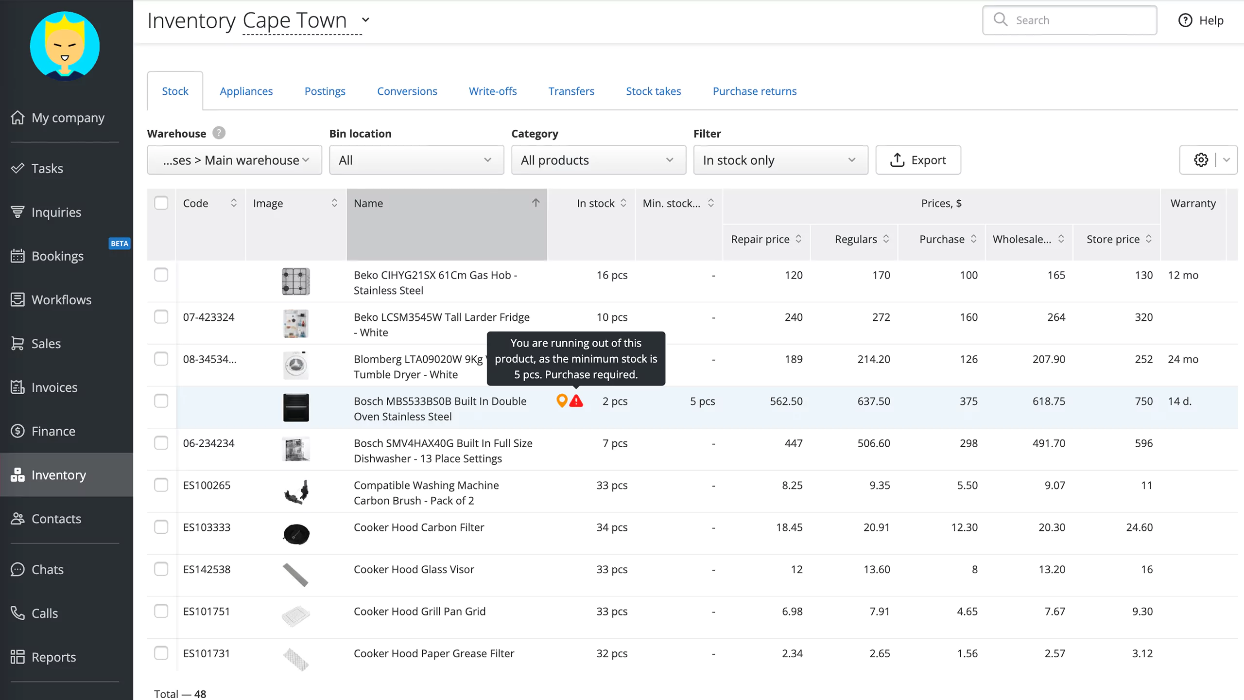 Smart inventory control with low stock alerts