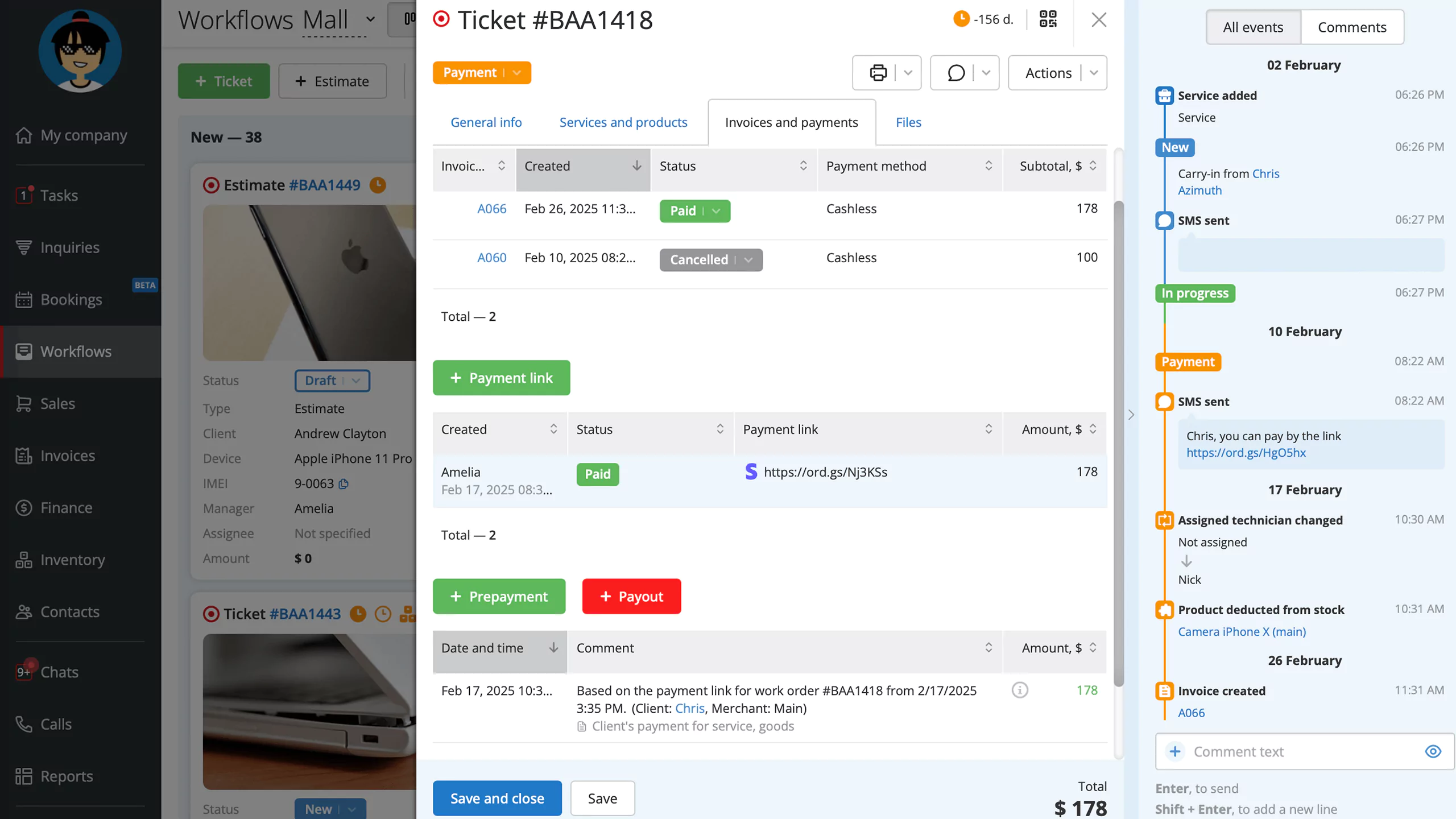 Quick payments via link directly from service tickets