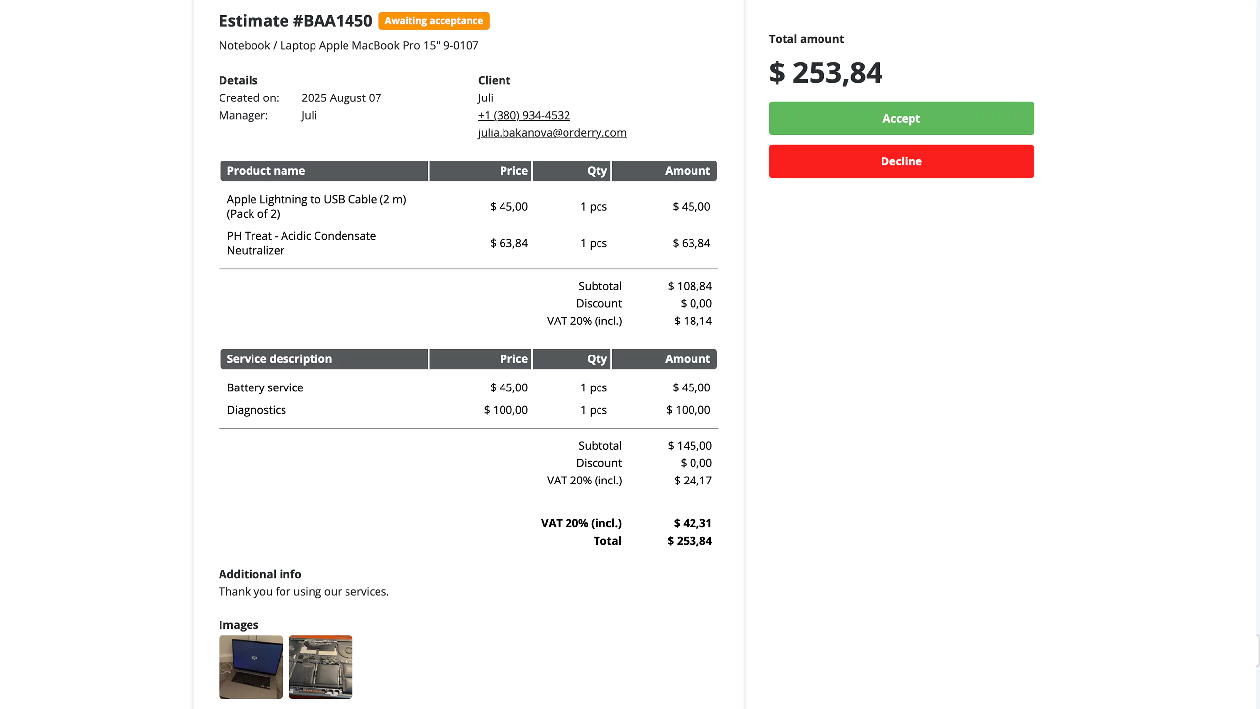 Clear and professional estimates with product and service breakdown