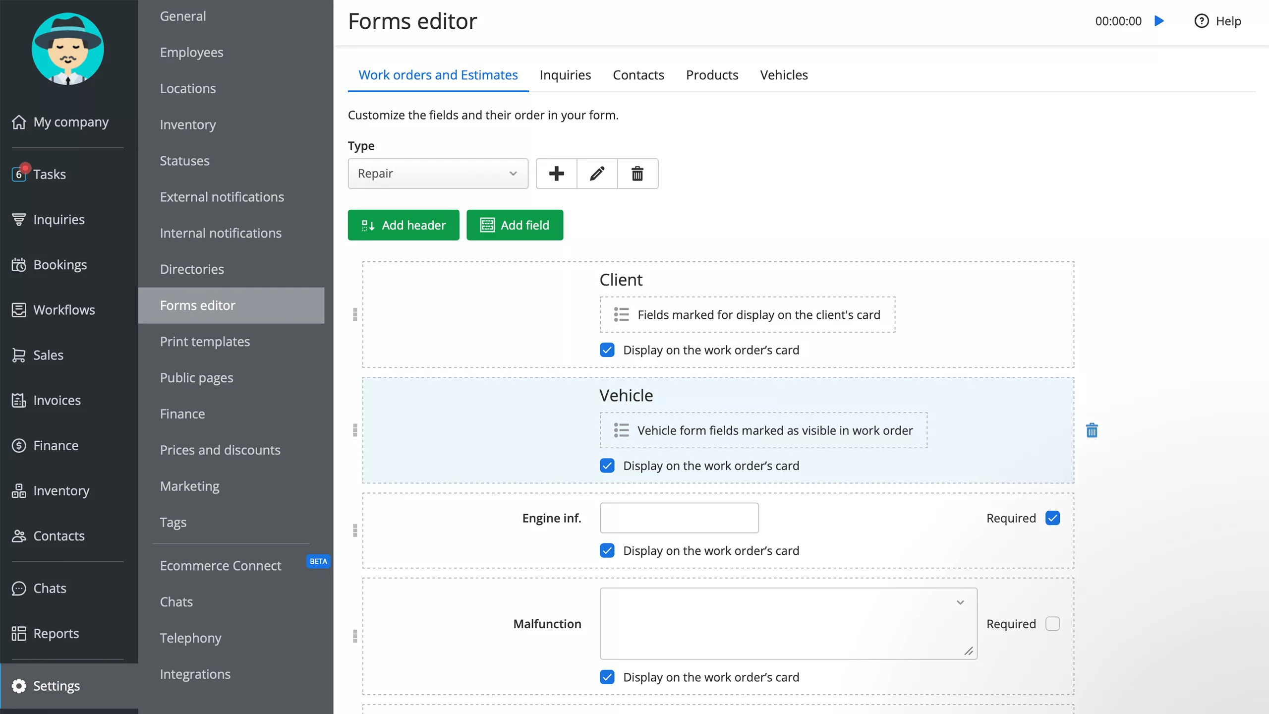 Example of a customizable work order in Orderry's form editor