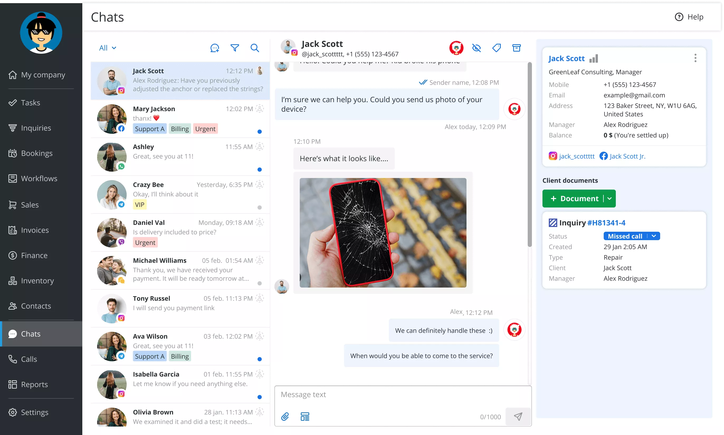 Customer communication in Orderry Chats
