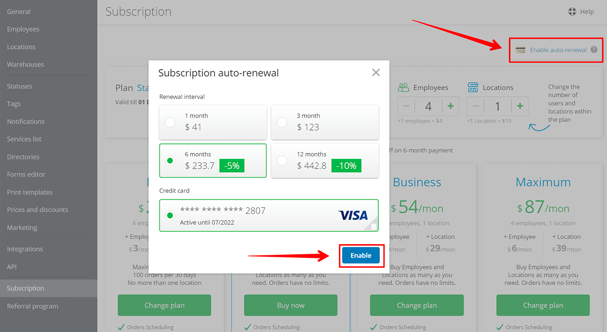 Subscription auto-renewal supports monthly, quarterly, biannual, and annual payments