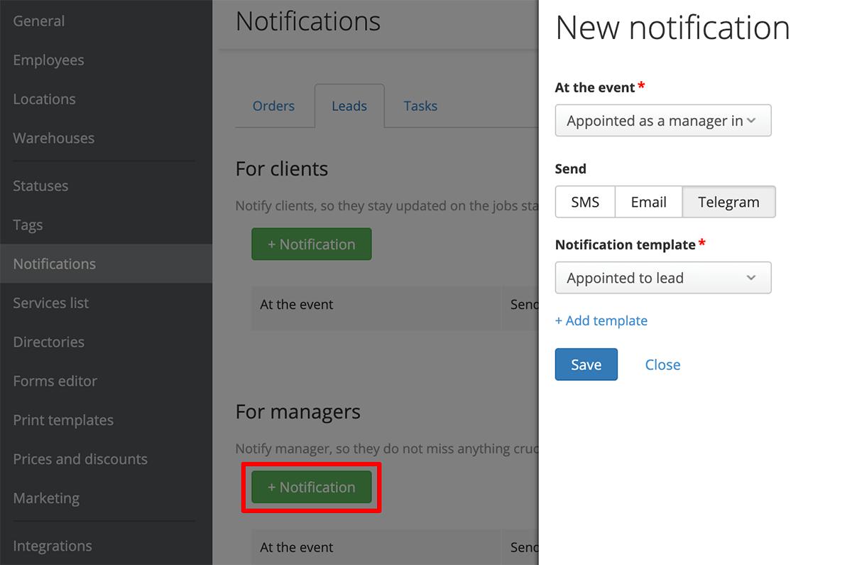 You can send a notification to the manager via SMS, Email, or Telegram