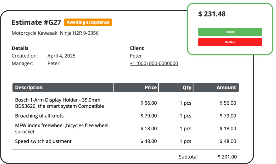 Software de presupuestos de reparaciones de motocicletas con facturación en línea