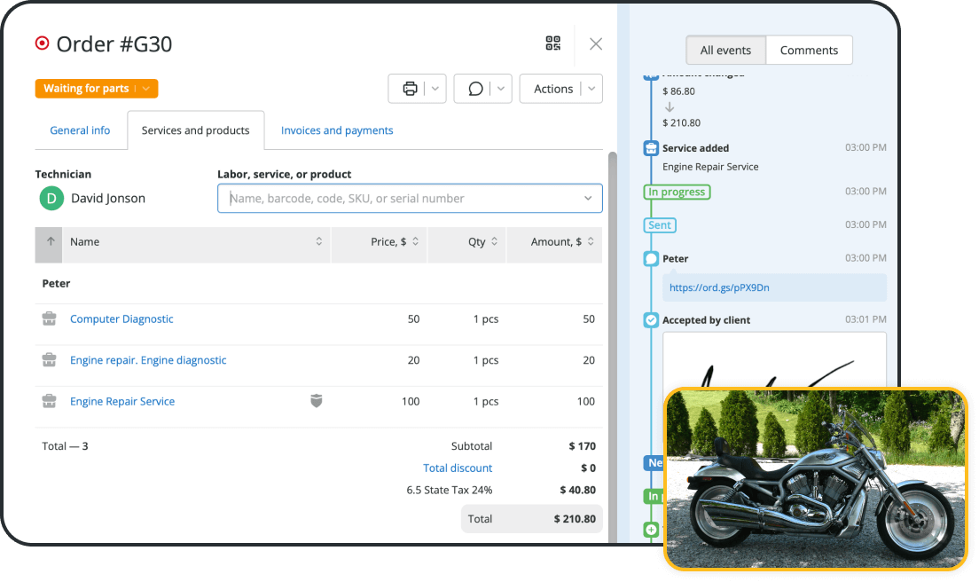 Software de órdenes de trabajo para motocicletas, apto para todo tipo de servicios