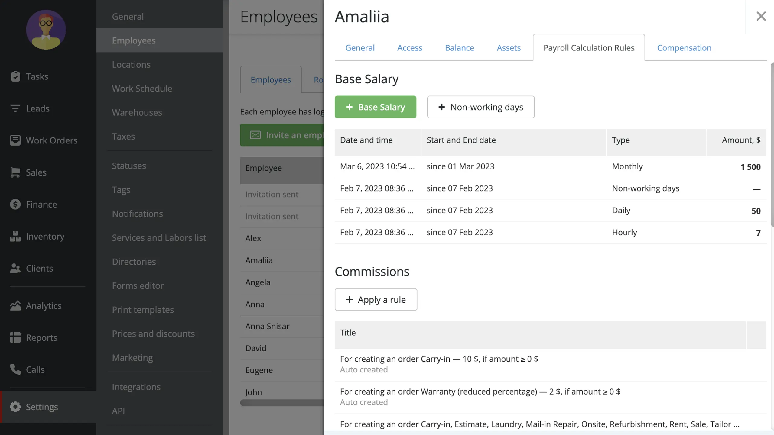 Screenshot of Payroll settings in Orderry