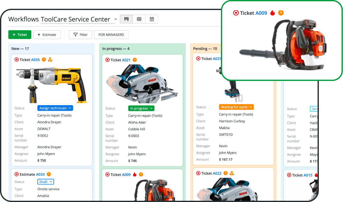 Software de tiquetes f&aacute;cil de usar para reparaciones de herramientas el&eacute;ctricas
