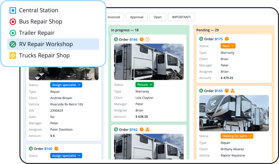 Works for RV, Truck, Trailer, and Bus Repair Shops Management