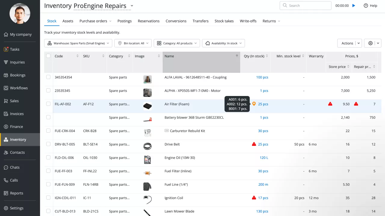 Inventory management in Orderry