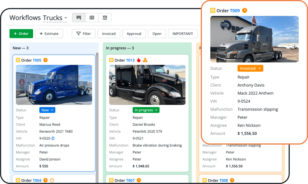 Diesel Repair Shop Management Software Shows Every Repair on One Board