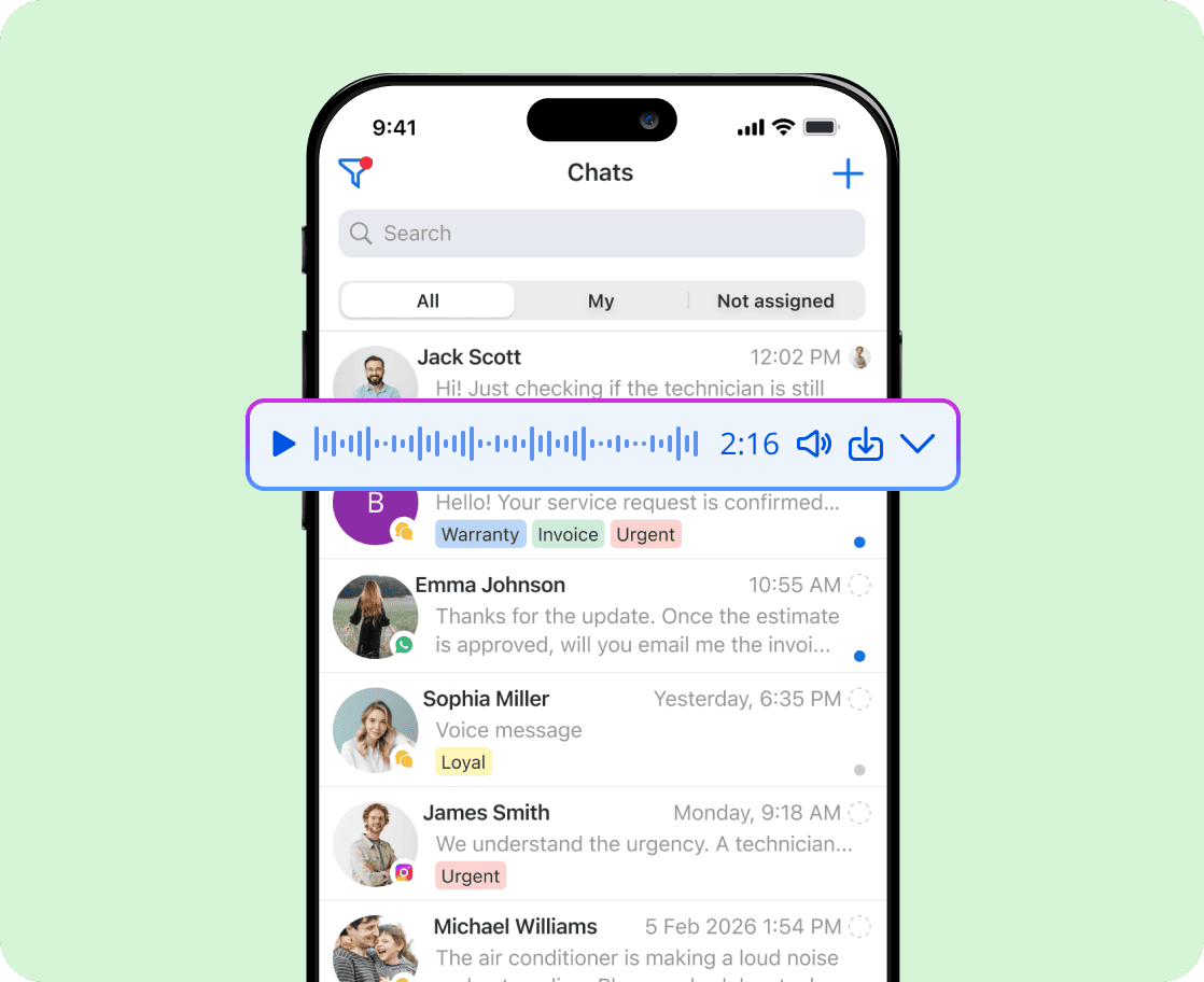 Service Work Order App with Social Media and Messenger Chats